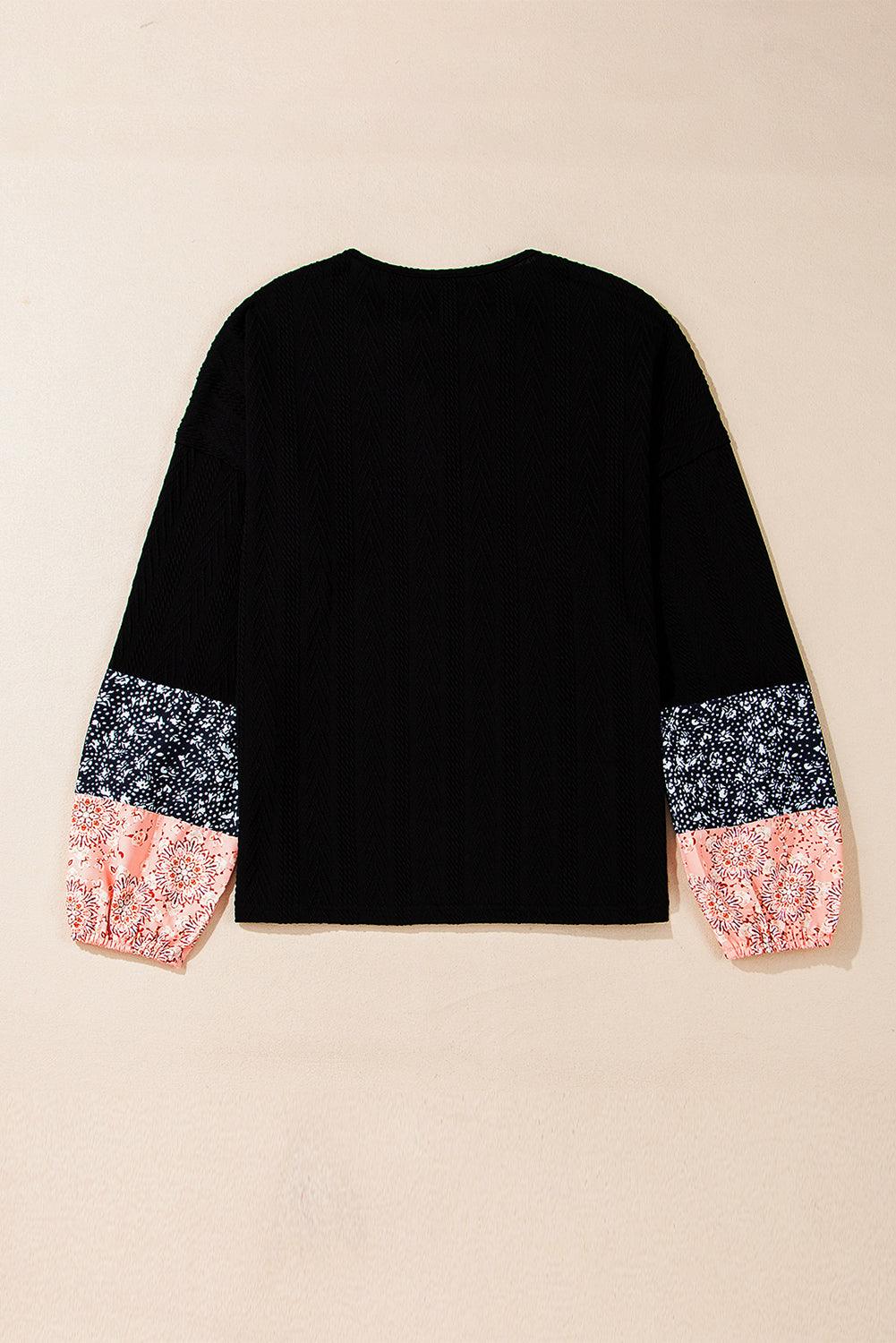 Black Floral Patchwork Textured Knit Drawstring V Neck Blouse - Toi ‘n’ Moi Ltd