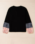 Black Floral Patchwork Textured Knit Drawstring V Neck Blouse - Toi ‘n’ Moi Ltd