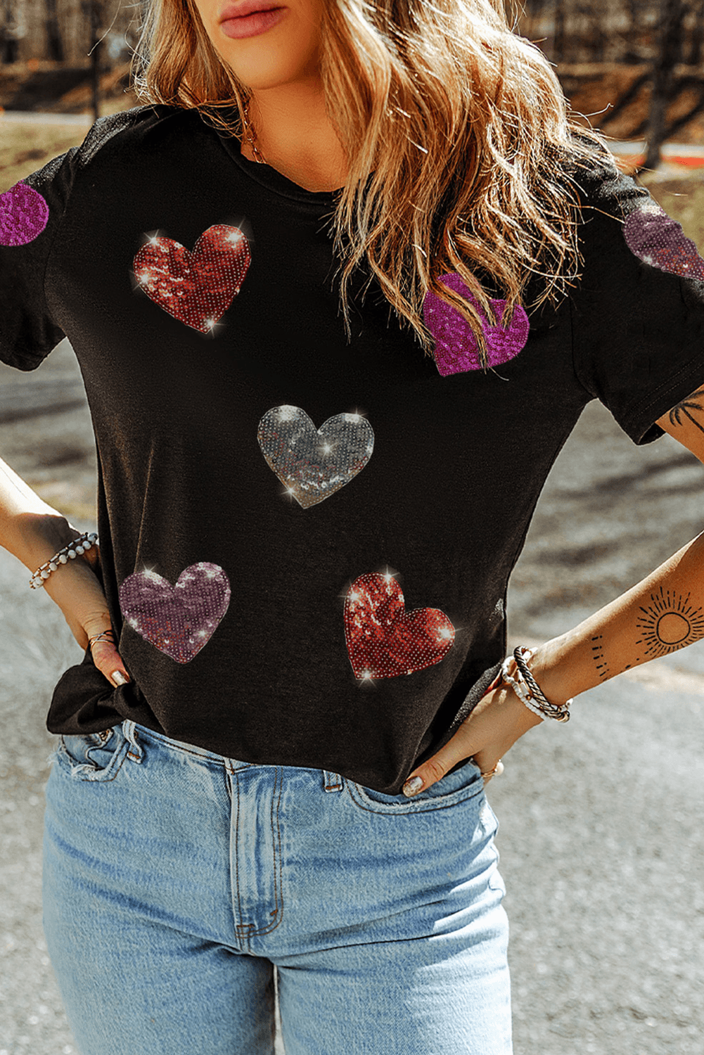 Black Sequin Heart Patched Pattern Crewneck Valentines Tee - Toi ‘n’ Moi Ltd