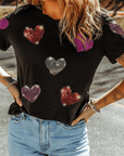 Black Sequin Heart Patched Pattern Crewneck Valentines Tee - Toi ‘n’ Moi Ltd