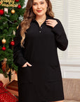 Black Ribbed Knit Buttoned Collared Roll Tab Sleeve Plus Size Mini Dress - Toi ‘n’ Moi Ltd
