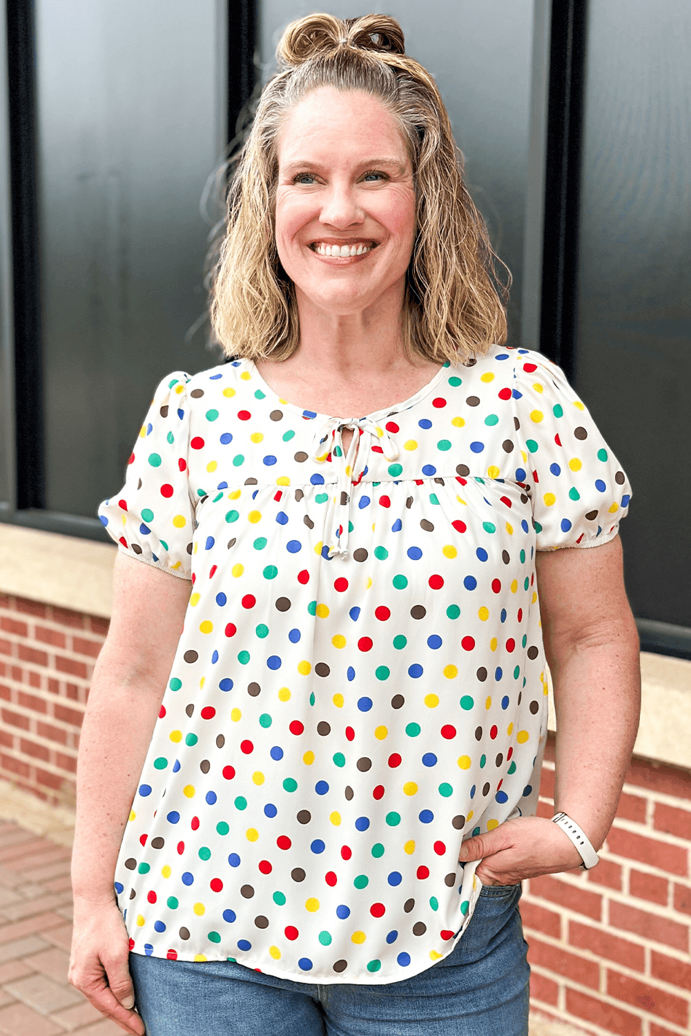 Apricot Plus Size Colorful Polka Dots Tie Neck Puff Sleeve Blouse - Toi ‘n’ Moi Ltd