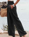 Black Shirred High Waist Plus Size Wide Leg Pants - Toi ‘n’ Moi Ltd