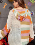 Beige Pointelle Knit Colorblock Patchwork V Neck Hooded Plus Sweater - Toi ‘n’ Moi Ltd