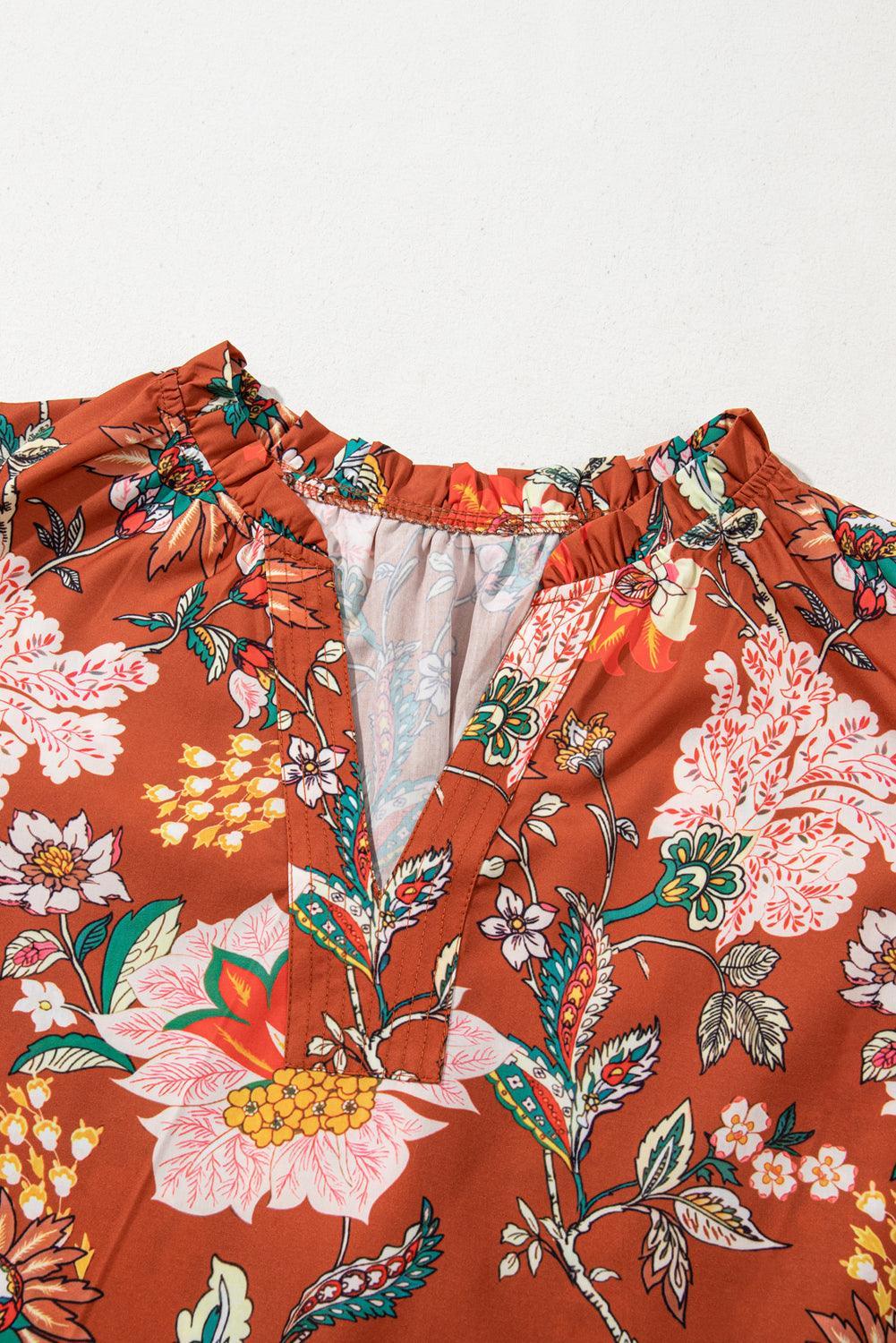 Brown Floral Stitched V Neck Frilled Trim Puff Short Sleeve Blouse - Toi ‘n’ Moi Ltd