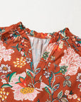 Brown Floral Stitched V Neck Frilled Trim Puff Short Sleeve Blouse - Toi ‘n’ Moi Ltd