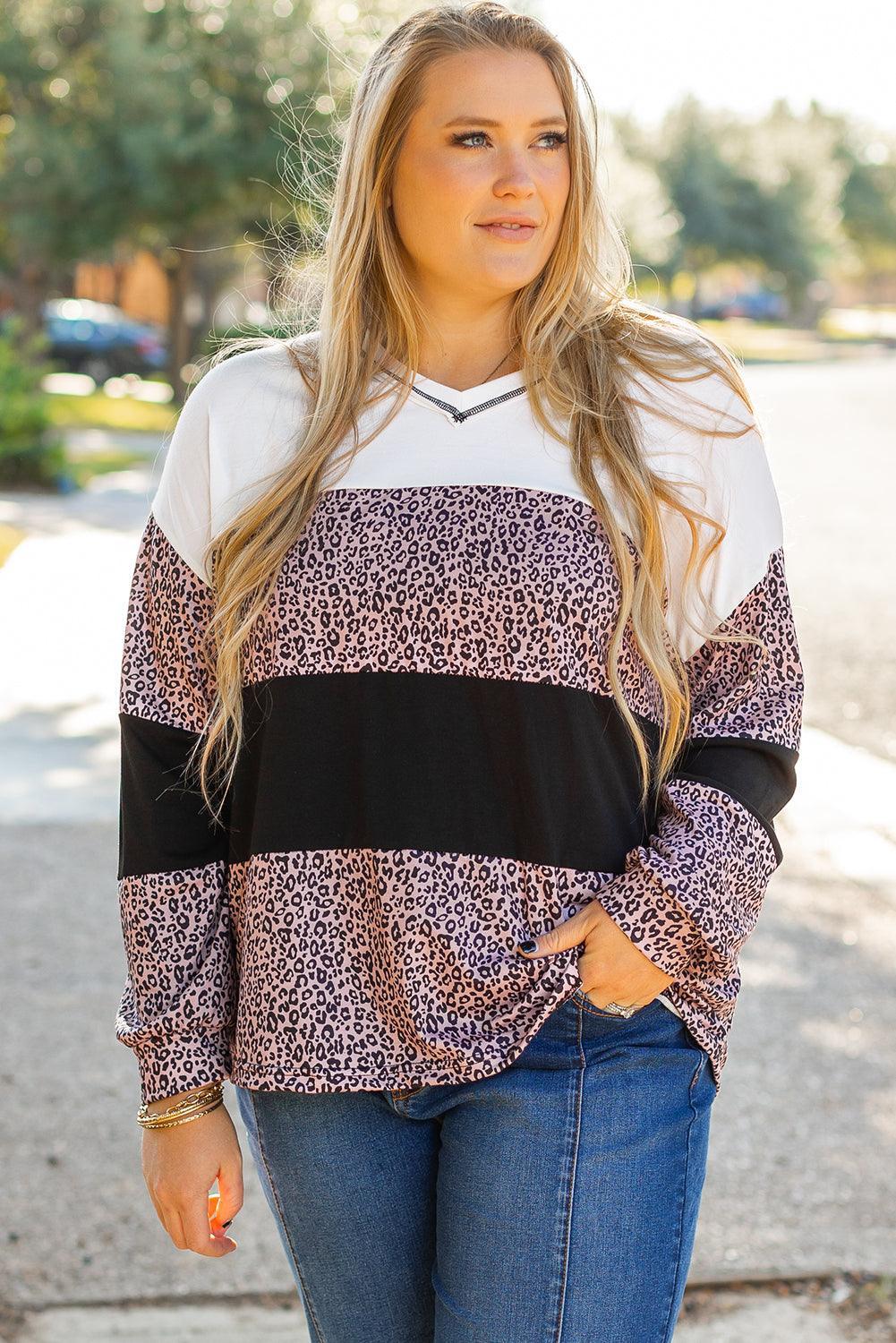 Black Leopard Print Colorblock V Neck Long Sleeve Plus Size Top - Toi ‘n’ Moi Ltd