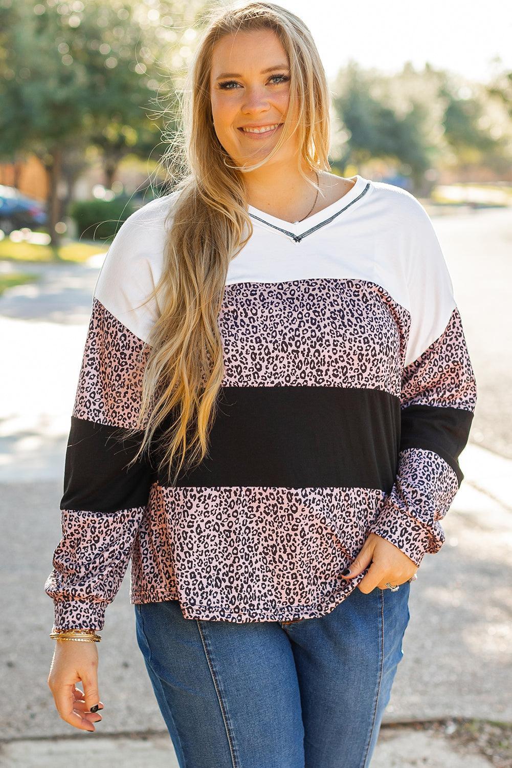 Black Leopard Print Colorblock V Neck Long Sleeve Plus Size Top - Toi ‘n’ Moi Ltd