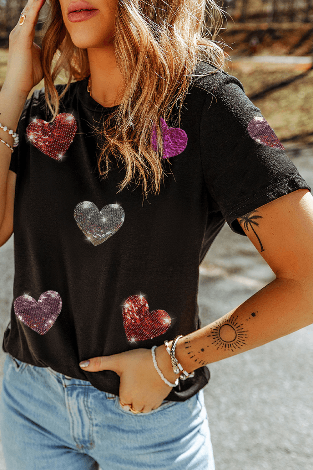 Black Sequin Heart Patched Pattern Crewneck Valentines Tee - Toi ‘n’ Moi Ltd
