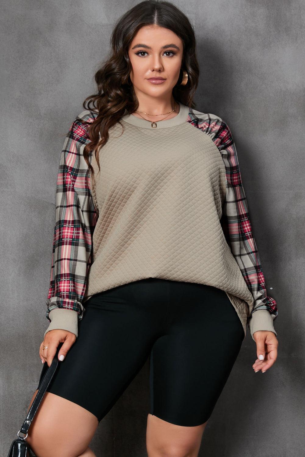 Apricot Plus Size Plaid Raglan Sleeve Crew Neck Sweatshirt - Toi ‘n’ Moi Ltd