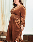 Camel Surplice V Neck Balloon Sleeve Velvet Dress - Toi ‘n’ Moi Ltd