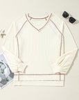 Beige Exposed Seam Crinkle Rib V Neck Pullover Top - Toi ‘n’ Moi Ltd