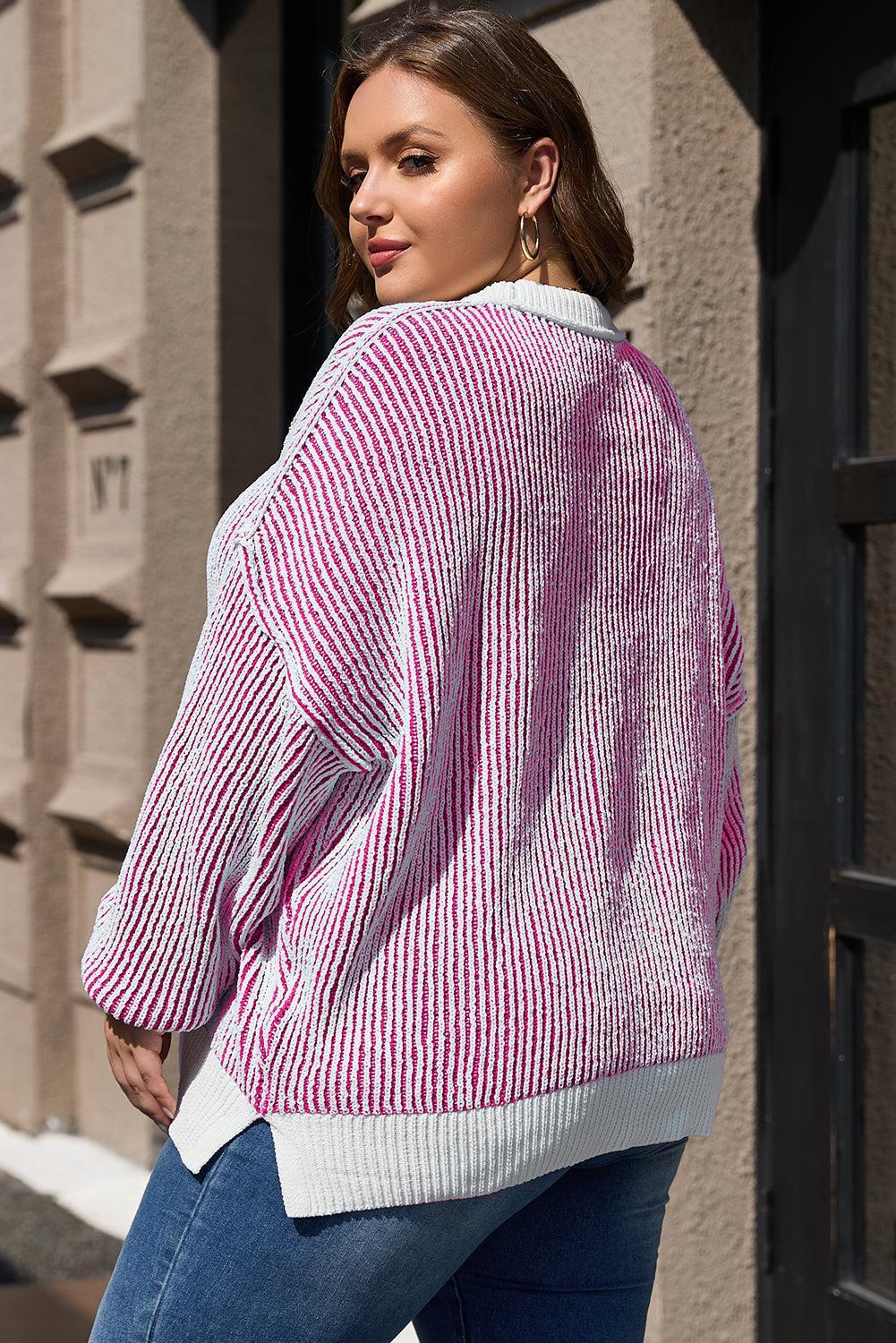 Bright Pink Striped Textured Knit Contrast Edge Loose Sweater - Toi ‘n’ Moi Ltd