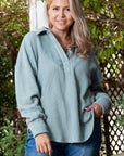 Beau Blue Textured Turn-down V Neck Drop Shoulder Plus Size Top - Toi ‘n’ Moi Ltd