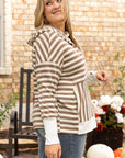 Brown Stripe Quarter Buttons Drop Sleeve Plus Size Hoodie - Toi ‘n’ Moi Ltd