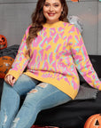 Bright Pink Plus Size Leopard Ribbed Trim Sweater - Toi ‘n’ Moi Ltd