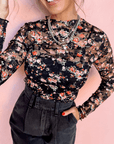 Black Floral Mesh Sheer Long Sleeve Top - Toi ‘n’ Moi Ltd
