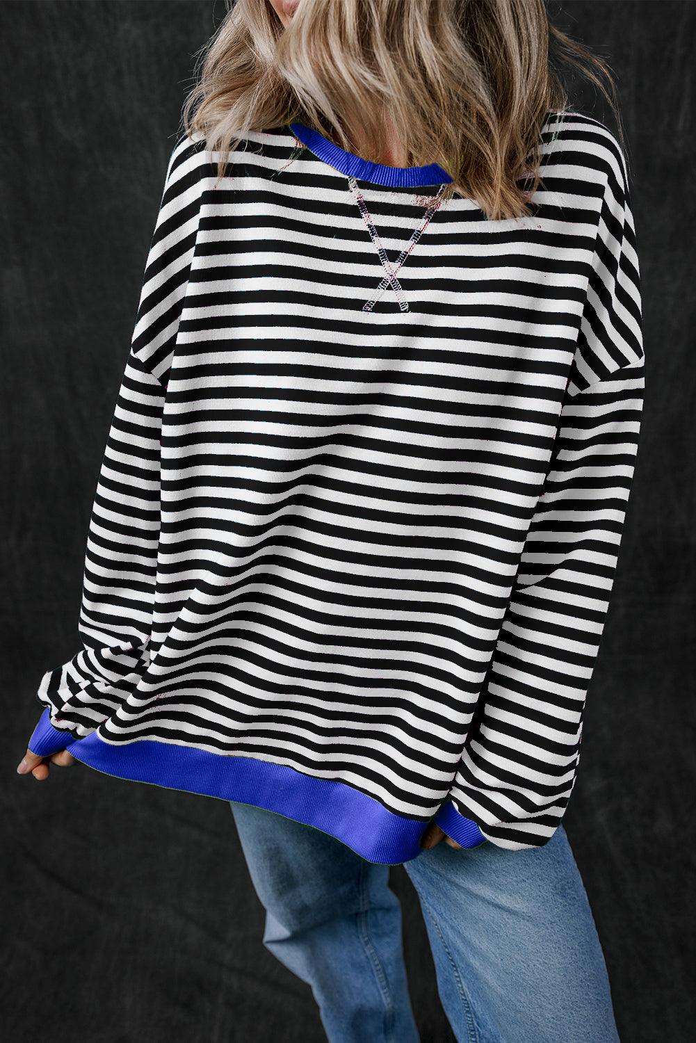 Black Stripe Oversized Contrast Trim Pullover Sweatshirt - Toi ‘n’ Moi Ltd