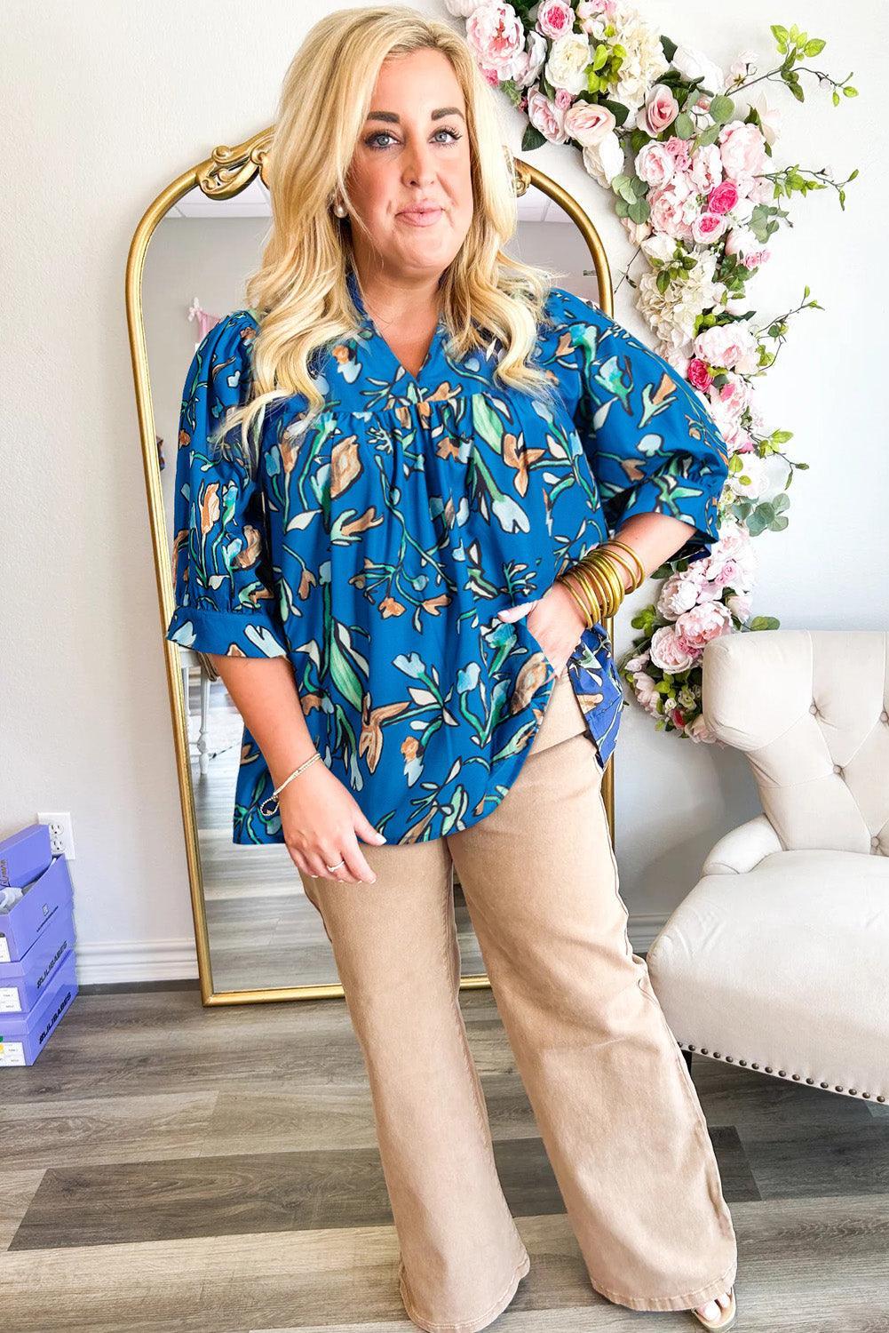 Blue Floral Notched V Neck Half Sleeve Plus Size Blouse - Toi ‘n’ Moi Ltd