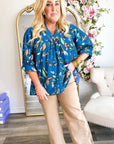 Blue Floral Notched V Neck Half Sleeve Plus Size Blouse - Toi ‘n’ Moi Ltd