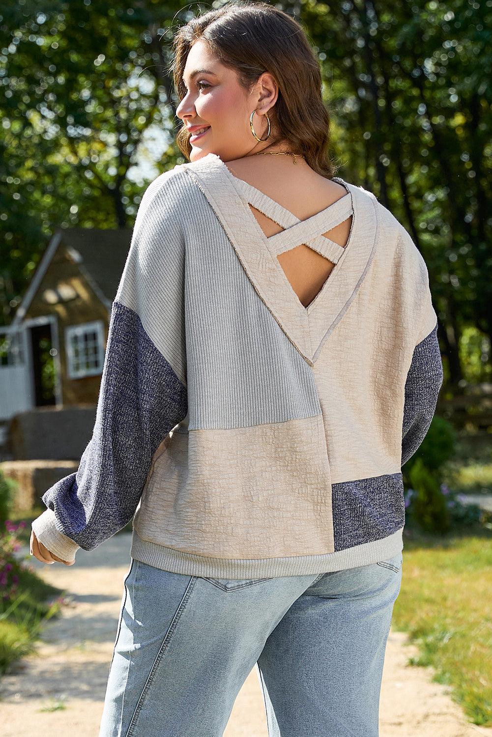 Ashleigh Blue Plus Size Textured Colorblock Patchwork V Neck Top - Toi ‘n’ Moi Ltd