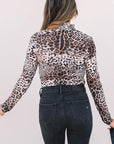Brown Leopard Smocked Neck Mesh Long Sleeve Bodysuit - Toi ‘n’ Moi Ltd