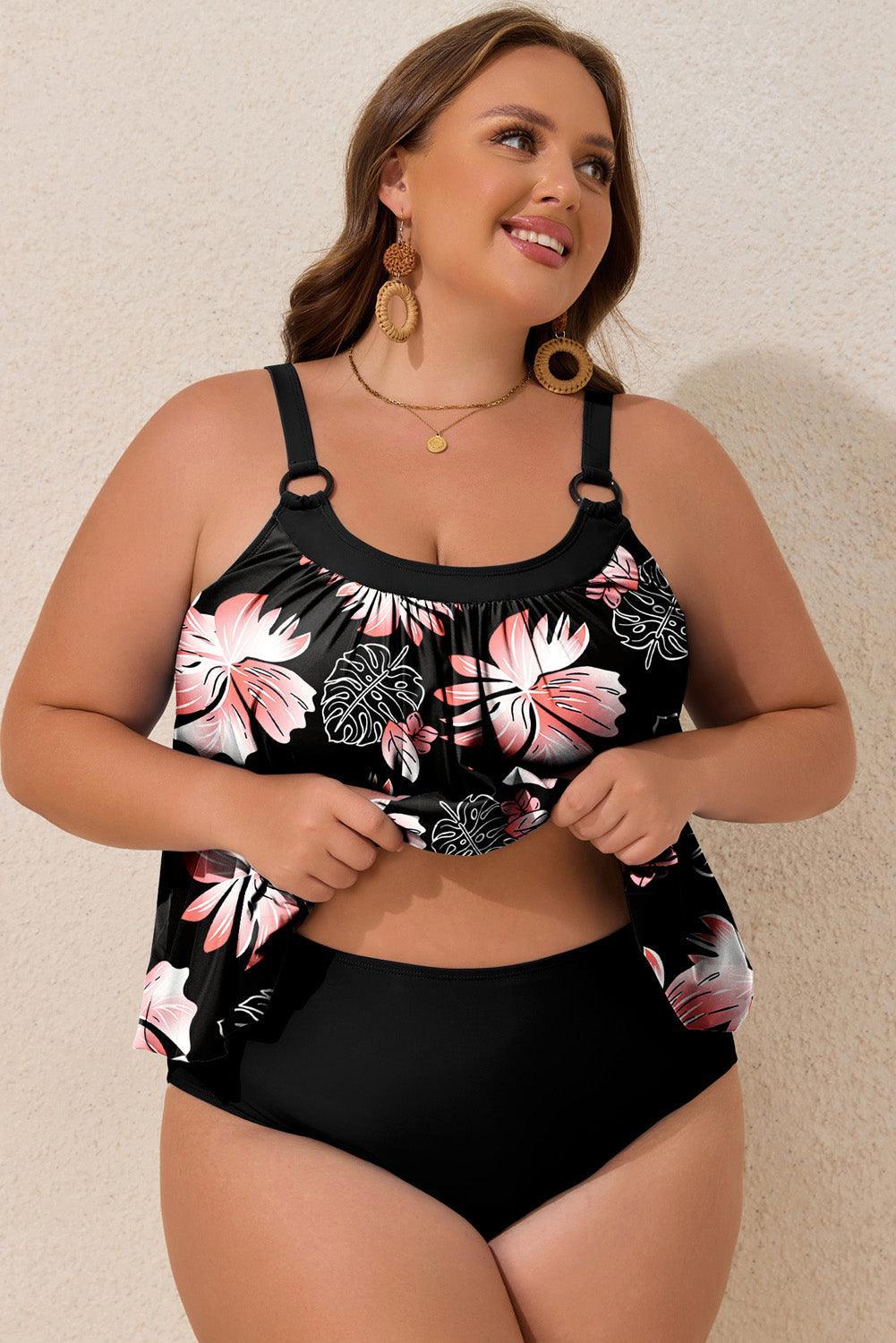 Black 2pcs Plus Size Wide Strap Floral Top Tankini Set - Toi ‘n’ Moi Ltd