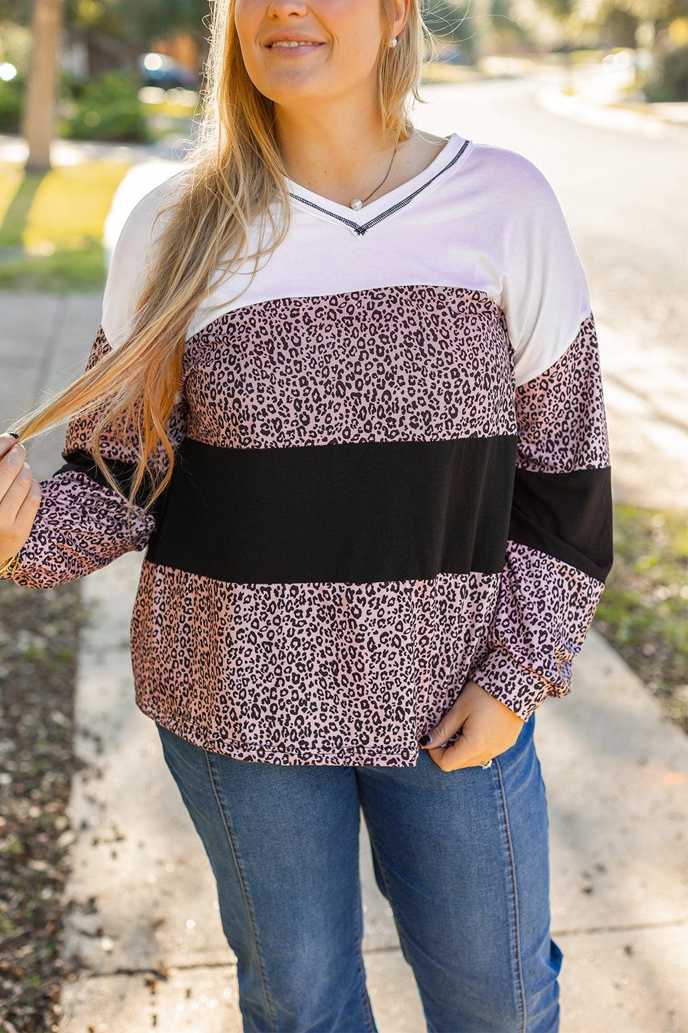 Black Leopard Print Colorblock V Neck Long Sleeve Plus Size Top - Toi ‘n’ Moi Ltd