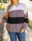 Black Leopard Print Colorblock V Neck Long Sleeve Plus Size Top - Toi ‘n’ Moi Ltd