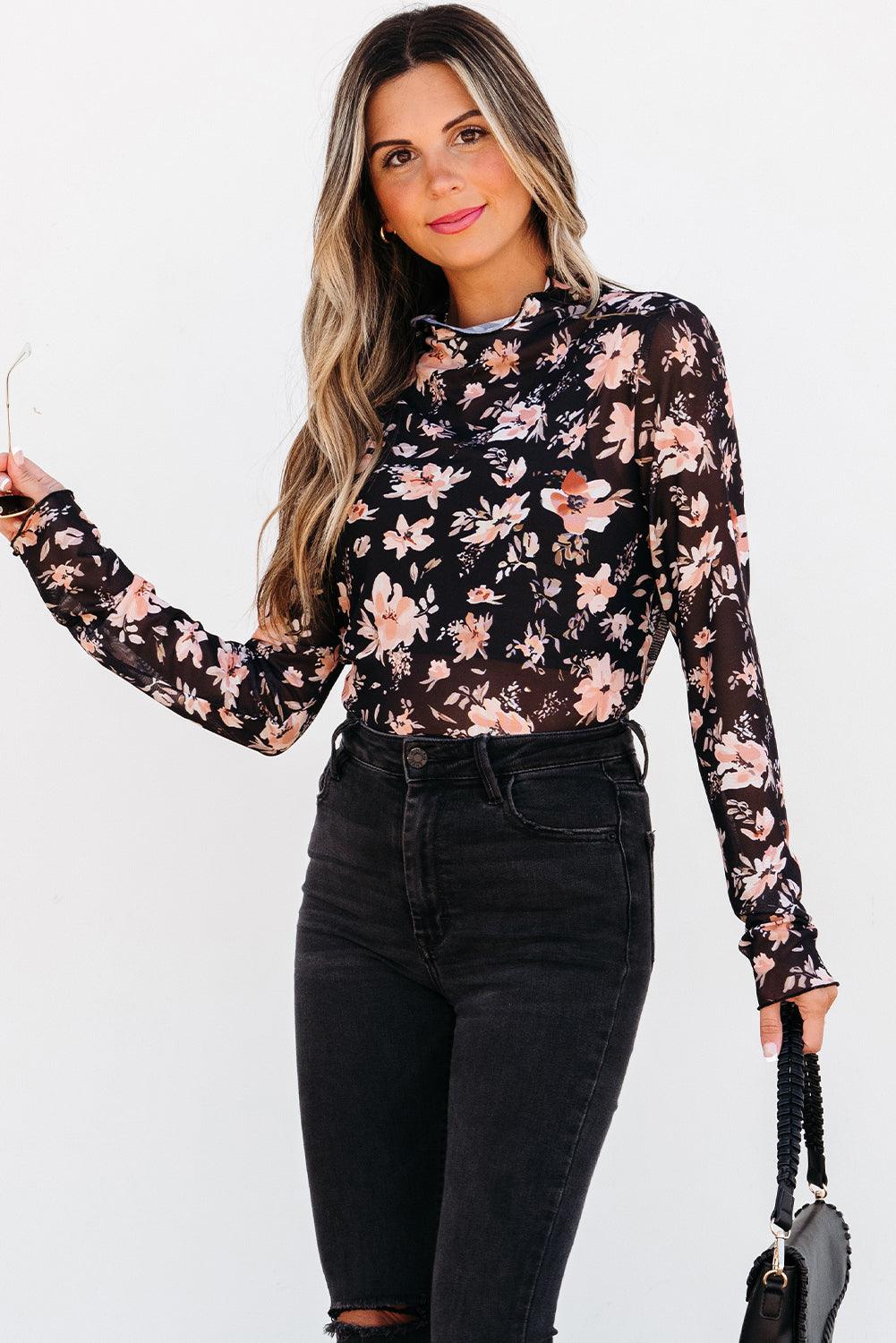 Black Floral Mesh Mock Neck Long Sleeve Slim Fit Top - Toi ‘n’ Moi Ltd