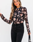 Black Floral Mesh Mock Neck Long Sleeve Slim Fit Top - Toi ‘n’ Moi Ltd