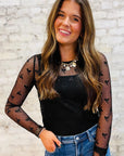 Black Bow Pattern Accent Mesh Long Sleeve Top - Toi ‘n’ Moi Ltd
