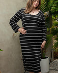 Black Plus Size Striped Loose Long Shift Dress - Toi ‘n’ Moi Ltd