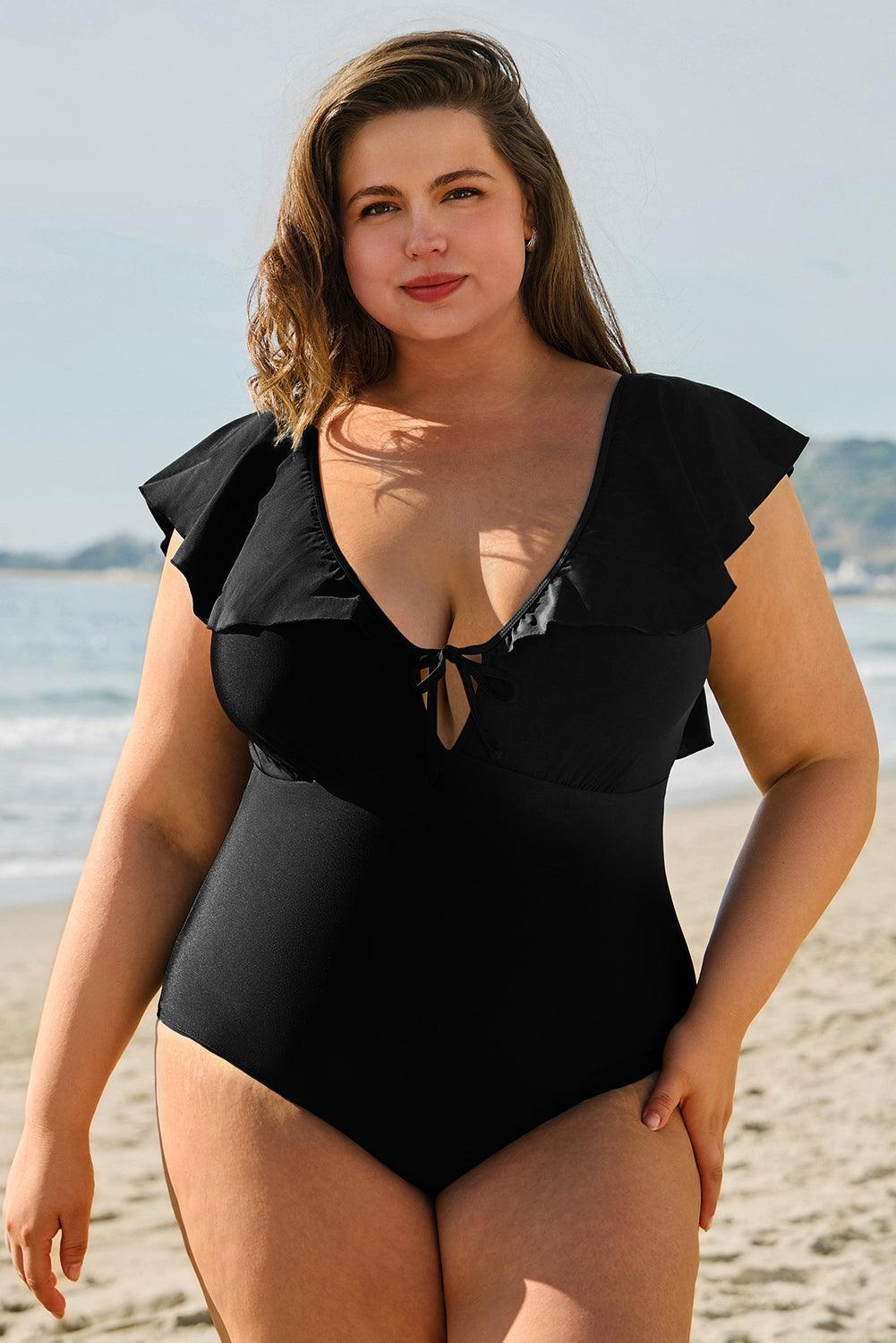 Black Ruffled Sleeve Lace-up V Neck Plus Size One Piece Swimsuit - Toi ‘n’ Moi Ltd