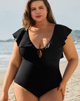 Black Ruffled Sleeve Lace-up V Neck Plus Size One Piece Swimsuit - Toi ‘n’ Moi Ltd