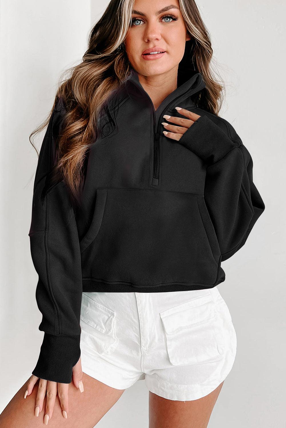 Black Fleece Lined Zip Up Stand Collar Thumbhole Sleeve Sweatshirt - Toi ‘n’ Moi Ltd