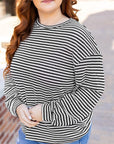Black Stripe Drop Shoulder Puff Long Sleeve O Neck Plus Size T Shirt - Toi ‘n’ Moi Ltd