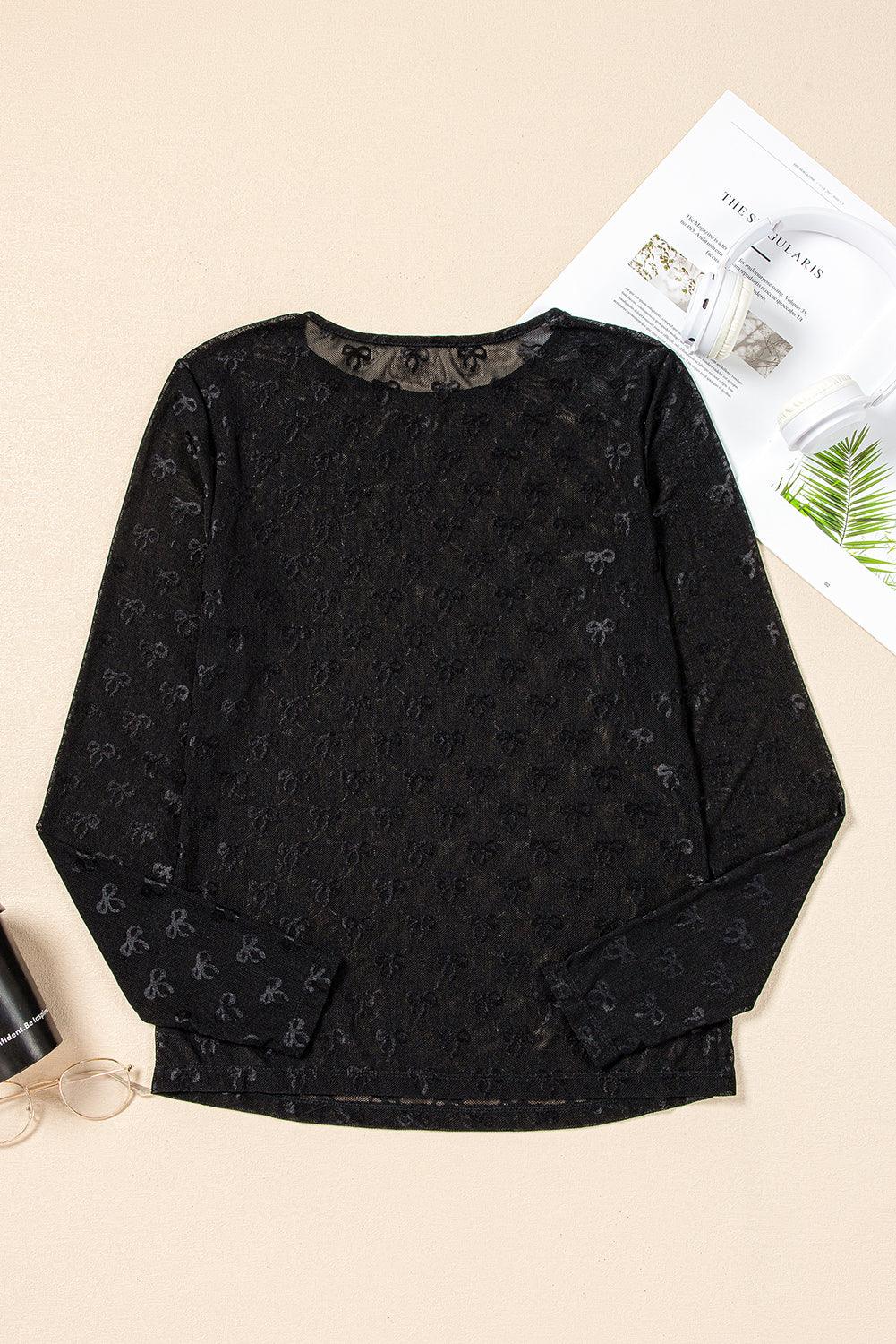 Black Bow Pattern Long Sleeve Slim Fit Mesh Top - Toi ‘n’ Moi Ltd