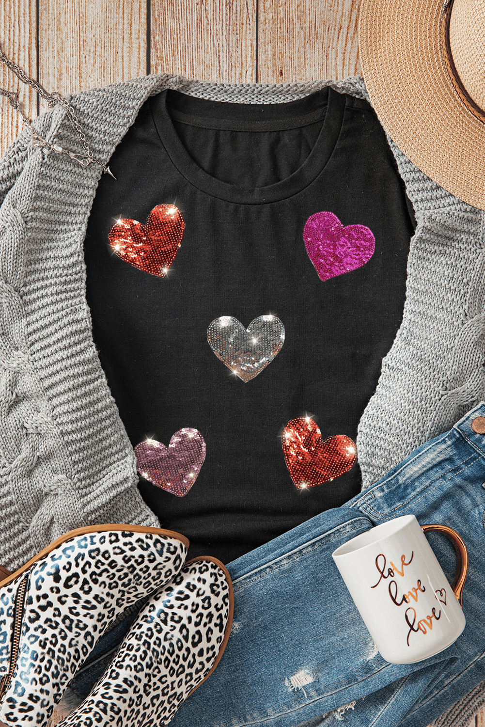 Black Sequin Heart Patched Pattern Crewneck Valentines Tee - Toi ‘n’ Moi Ltd