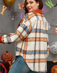 Brown Stripe Plus Size Plaid Print Collared Buttoned Jacket - Toi ‘n’ Moi Ltd
