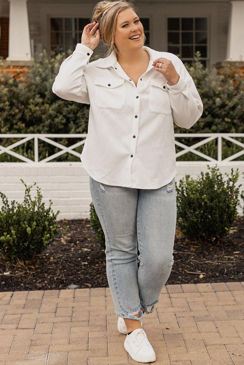 Beige Plus Size Textured Flap Pockets Jacket - Toi ‘n’ Moi Ltd