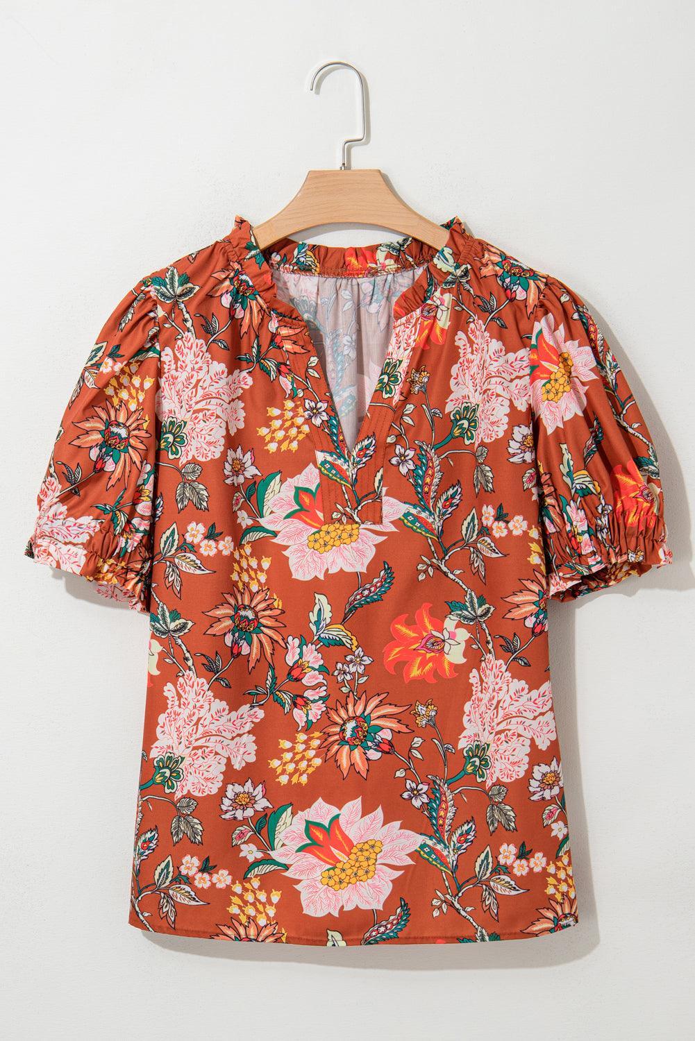Brown Floral Stitched V Neck Frilled Trim Puff Short Sleeve Blouse - Toi ‘n’ Moi Ltd