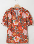 Brown Floral Stitched V Neck Frilled Trim Puff Short Sleeve Blouse - Toi ‘n’ Moi Ltd