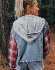 Beau Blue Plaid Print Patchwork Hooded Raw Hem Denim Jacket - Toi ‘n’ Moi Ltd