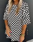 Black Checkered Print Side Slits O Neck Plus Size T Shirt - Toi ‘n’ Moi Ltd