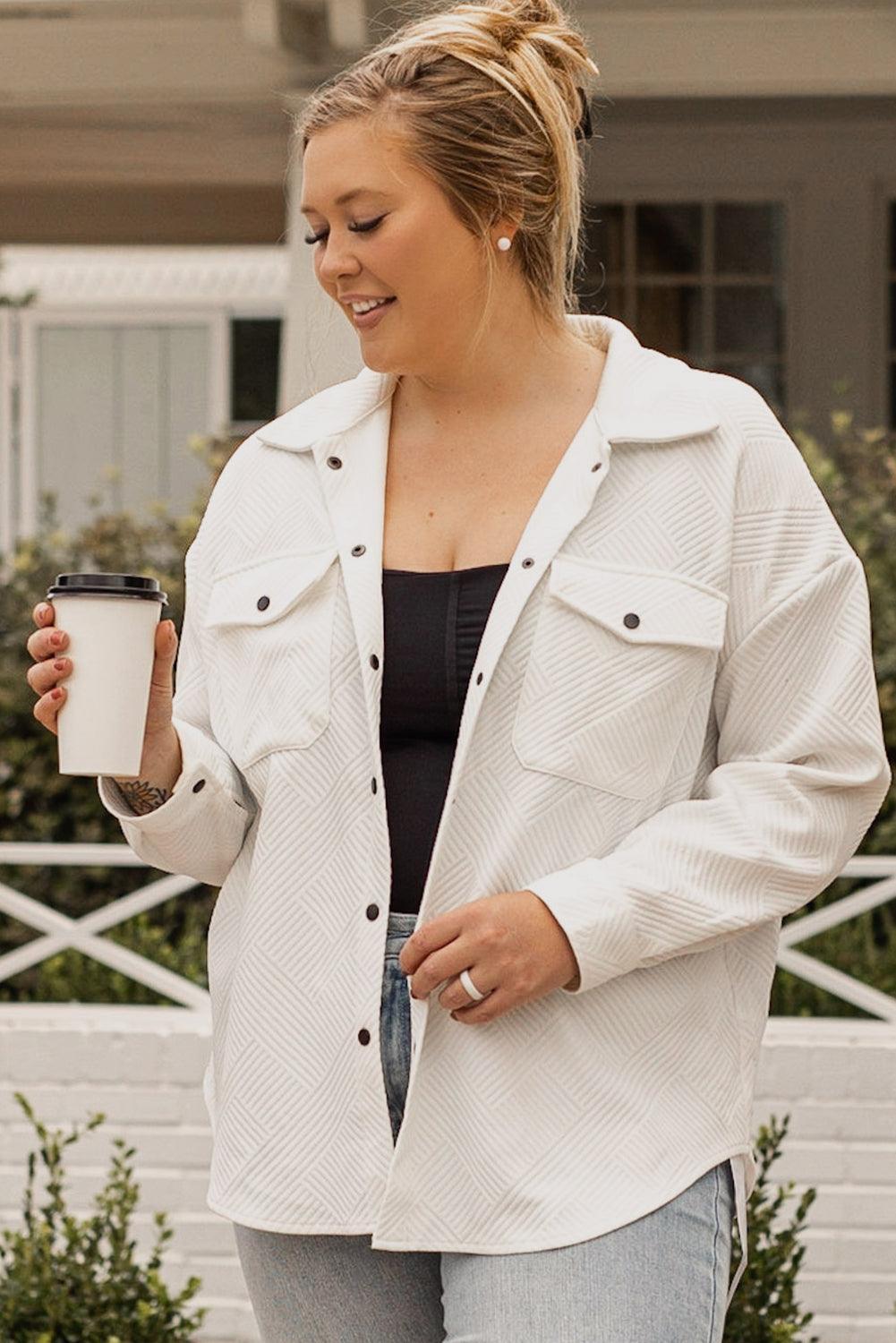 Beige Plus Size Textured Flap Pockets Jacket - Toi ‘n’ Moi Ltd
