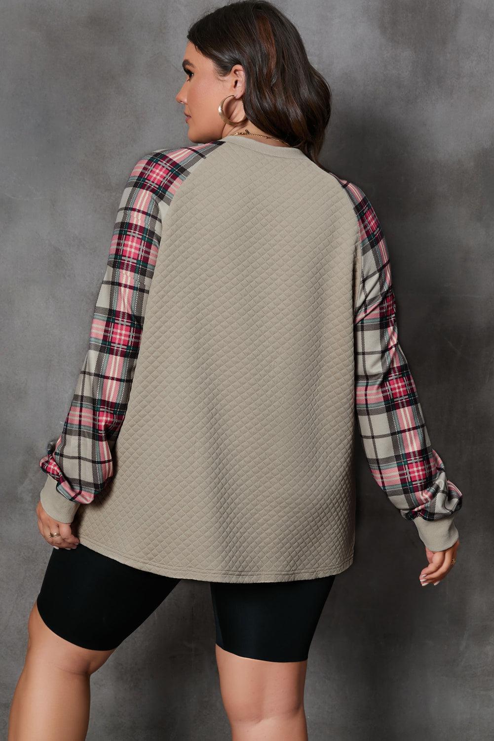 Apricot Plus Size Plaid Raglan Sleeve Crew Neck Sweatshirt - Toi ‘n’ Moi Ltd