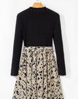 Black Ribbed Knit Patchwork Printed Belted A-line Dress - Toi ‘n’ Moi Ltd