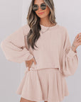 Jet Stream Corded Lantern Sleeve Top High Waist Ruffled Mini Skirt Set