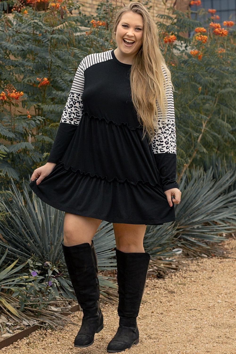 Black Plus Size Striped Leopard Patch Sleeve Ruffle Tiered Dress - Toi ‘n’ Moi Ltd